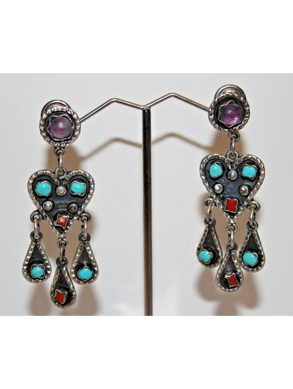 Vintage Mexican 925 Sterling Turquoise Amethyst Dangle Earrings 2.5"